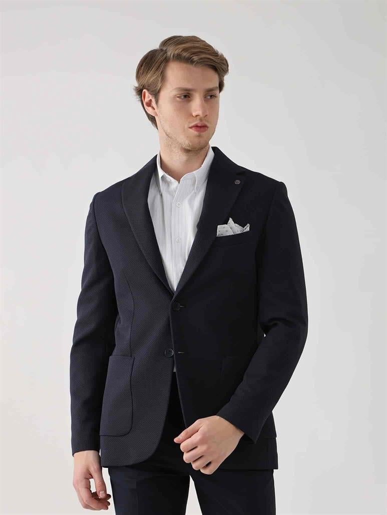 Lacivert Erkek Slim Fit Armürlü  Mono Yaka Ceket 