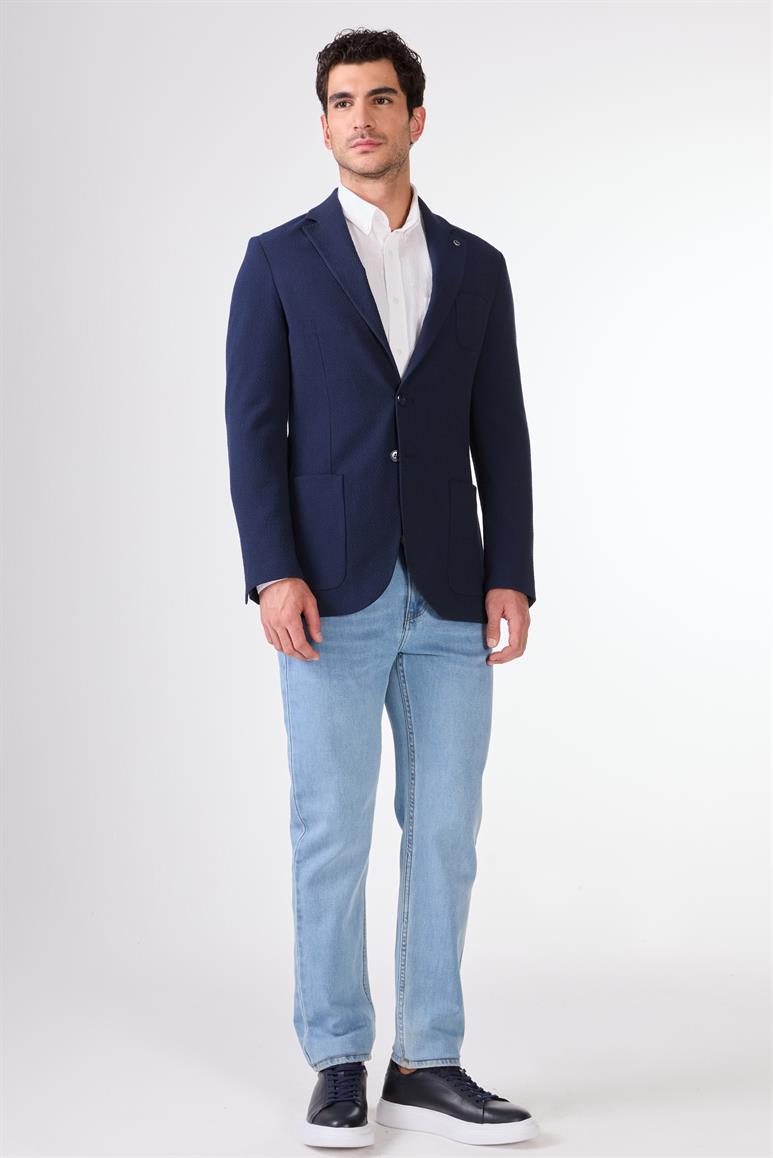 Lacivert Erkek Slim Fit Armürlü Mono Yaka Ceket 