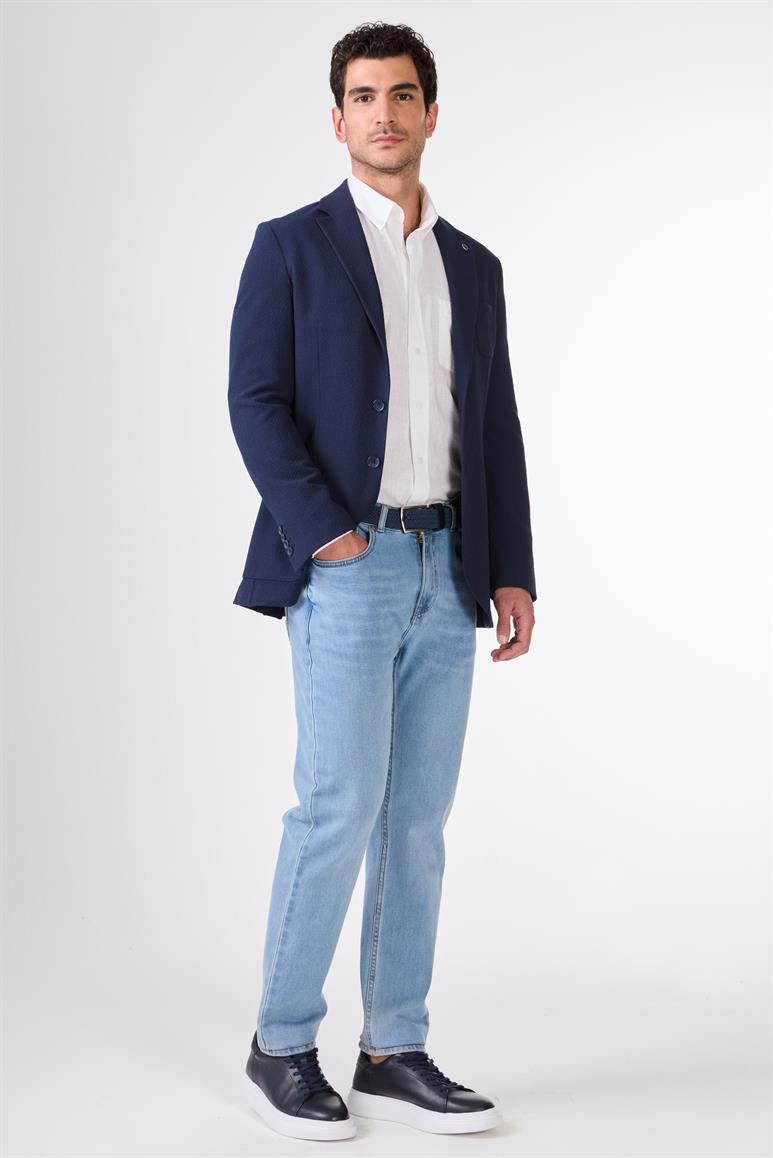 Lacivert Erkek Slim Fit Armürlü Mono Yaka Ceket 