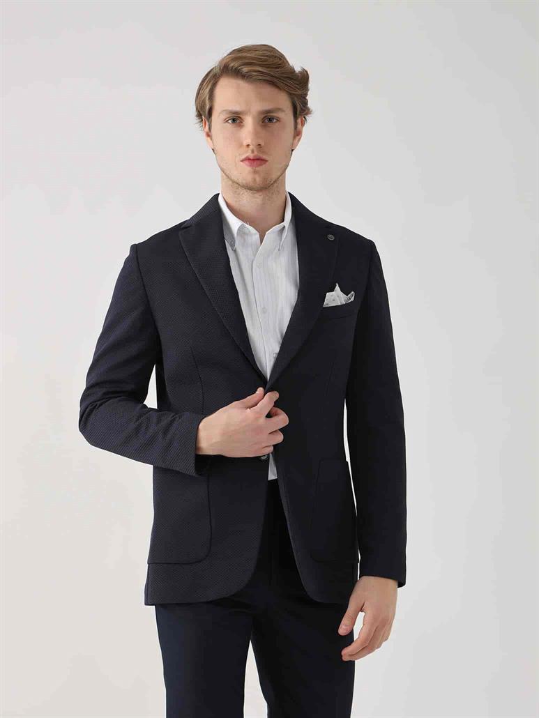 Lacivert Erkek Slim Fit Armürlü  Mono Yaka Ceket 