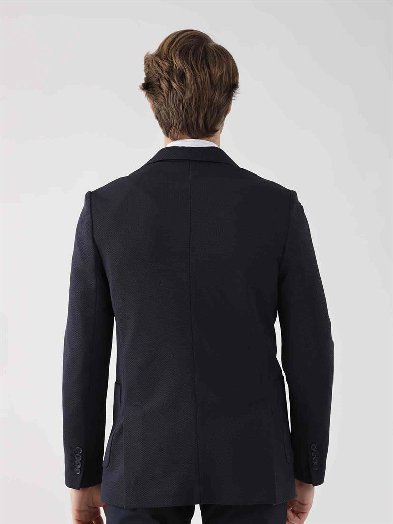 Lacivert Erkek Slim Fit Armürlü  Mono Yaka Ceket 