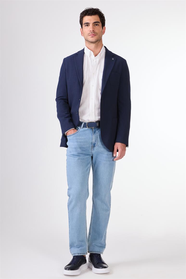 Lacivert Erkek Slim Fit Armürlü Mono Yaka Ceket 
