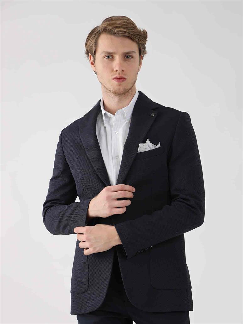 Lacivert Erkek Slim Fit Armürlü  Mono Yaka Ceket 