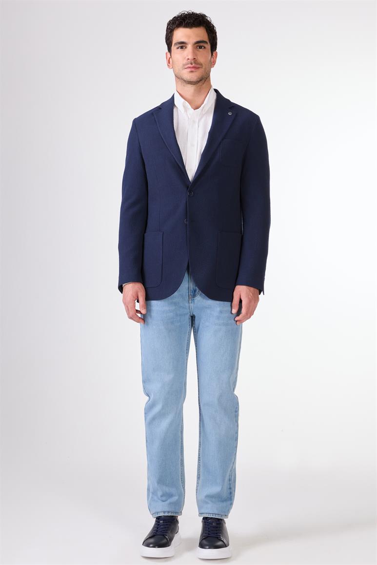 Lacivert Erkek Slim Fit Armürlü Mono Yaka Ceket 