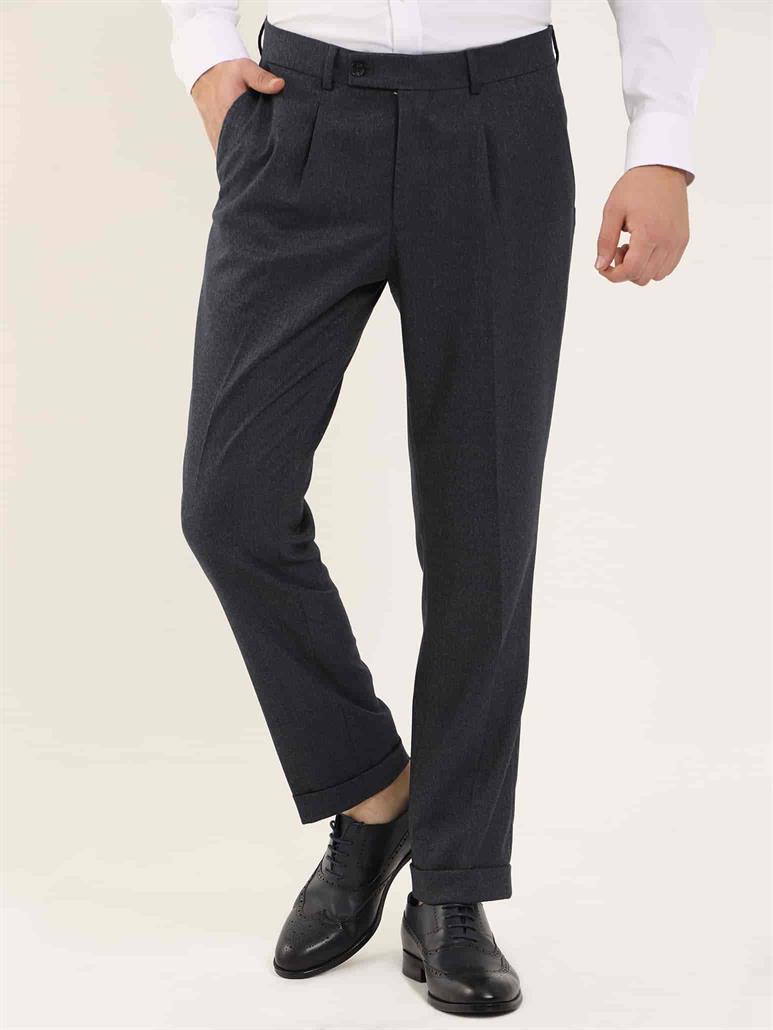 Lacivert Erkek Slim Fit Balıksırtı Desenli Klasik Pantolon 