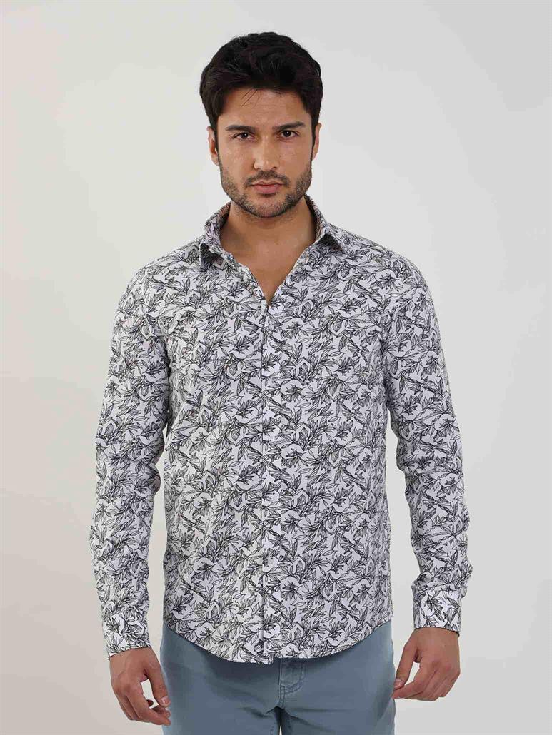 Lacivert Erkek Slim Fit Yaprak Desenli Brent Yaka Uzun Kol Gömlek 