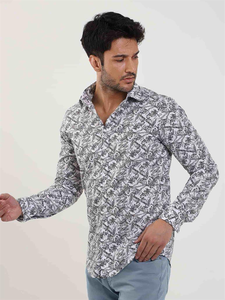 Lacivert Erkek Slim Fit Yaprak Desenli Brent Yaka Uzun Kol Gömlek 