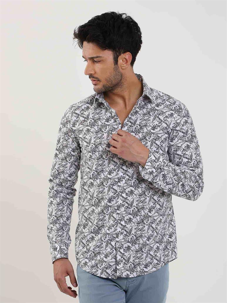 Lacivert Erkek Slim Fit Yaprak Desenli Brent Yaka Uzun Kol Gömlek 