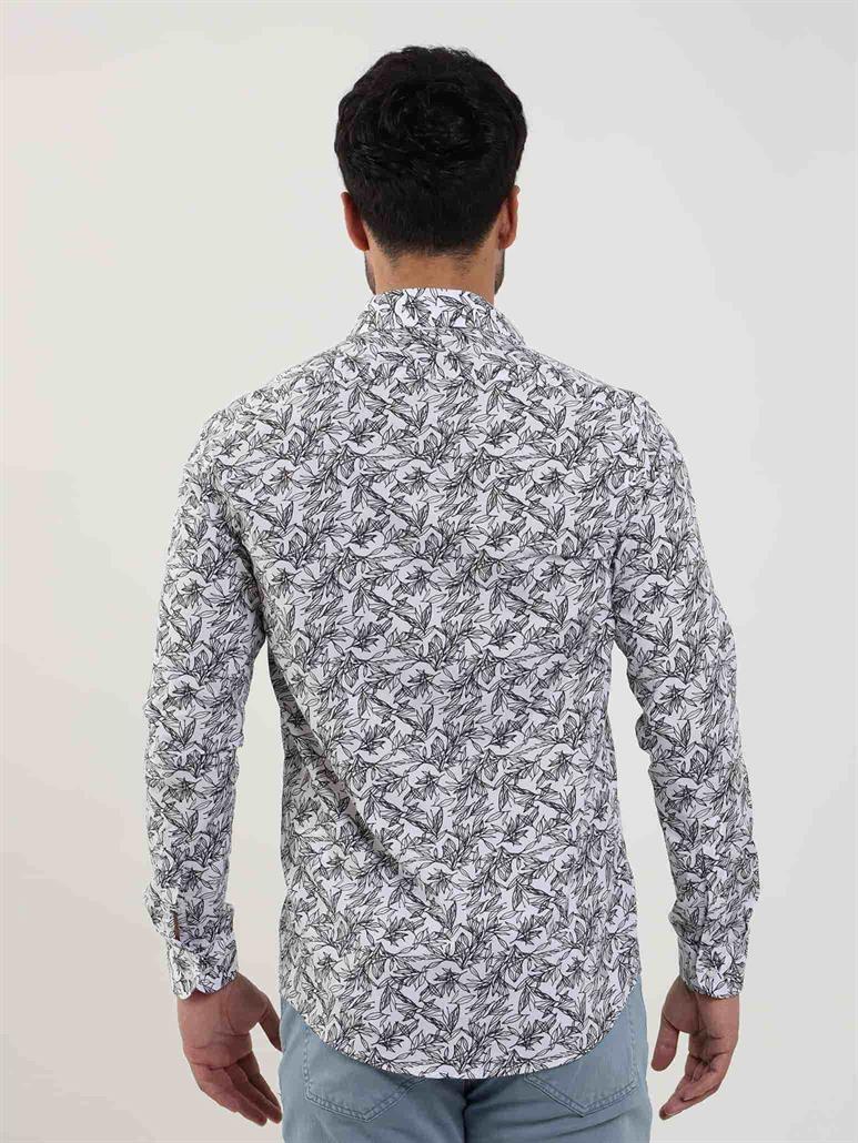 Lacivert Erkek Slim Fit Yaprak Desenli Brent Yaka Uzun Kol Gömlek 
