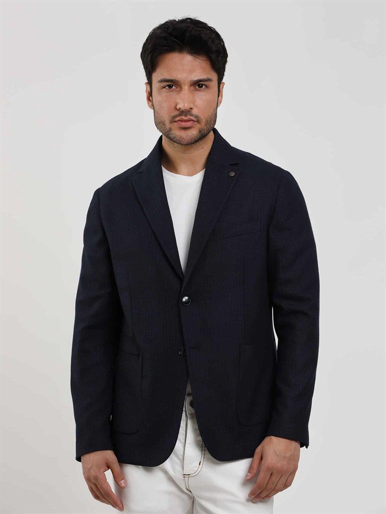 Lacivert Erkek Slim Fit Çizgili Casual Mono Yaka Ceket 