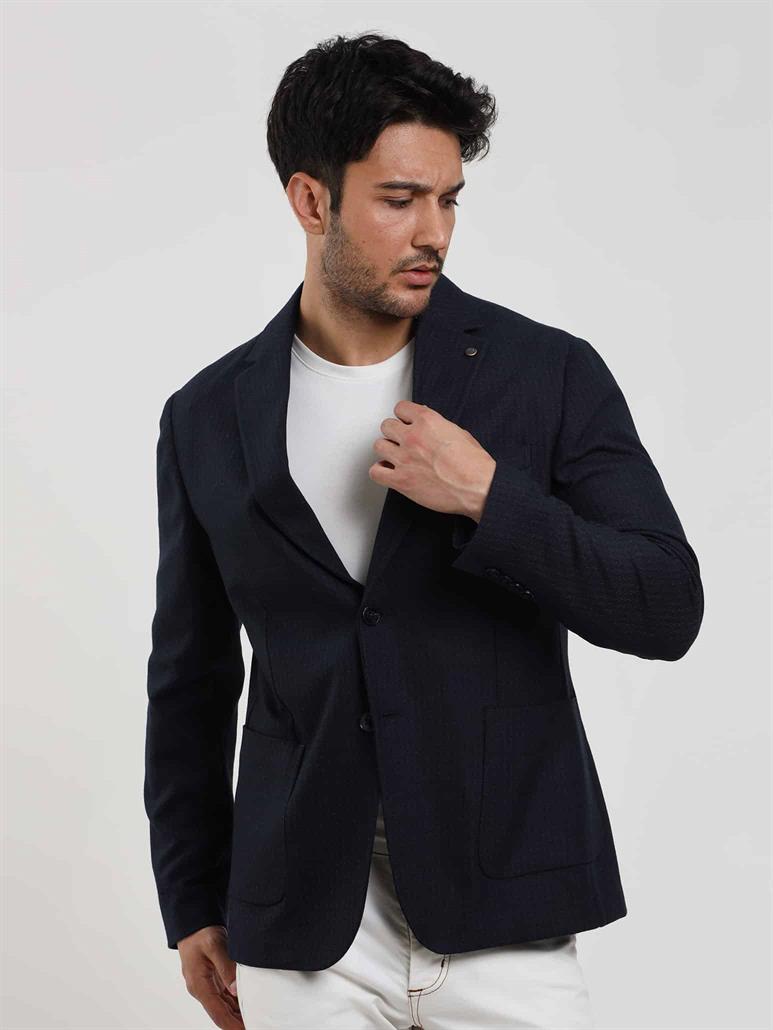 Lacivert Erkek Slim Fit Çizgili Casual Mono Yaka Ceket 