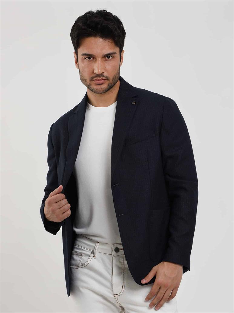 Lacivert Erkek Slim Fit Çizgili Casual Mono Yaka Ceket 