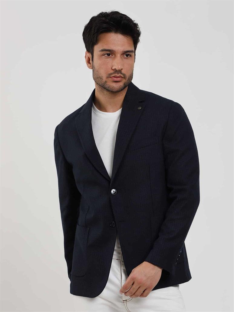 Lacivert Erkek Slim Fit Çizgili Casual Mono Yaka Ceket 