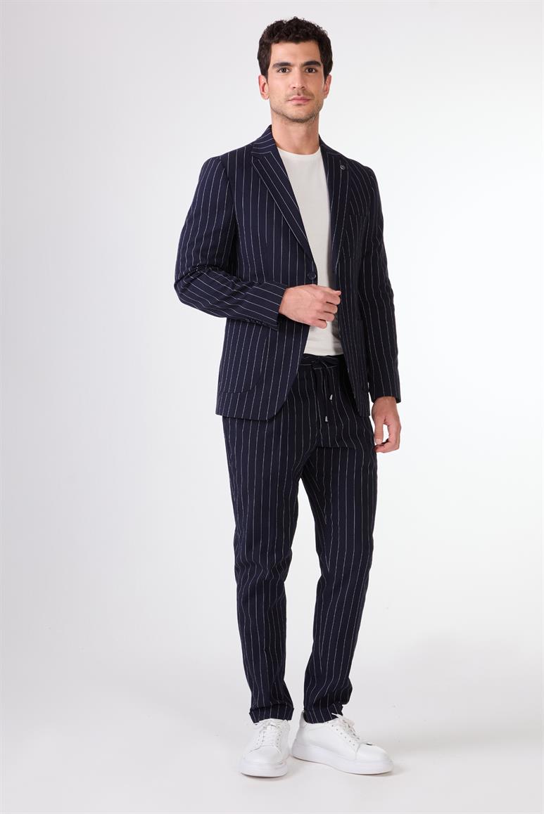 Lacivert Erkek Slim Fit Çizgili Mono Yaka Ceket 