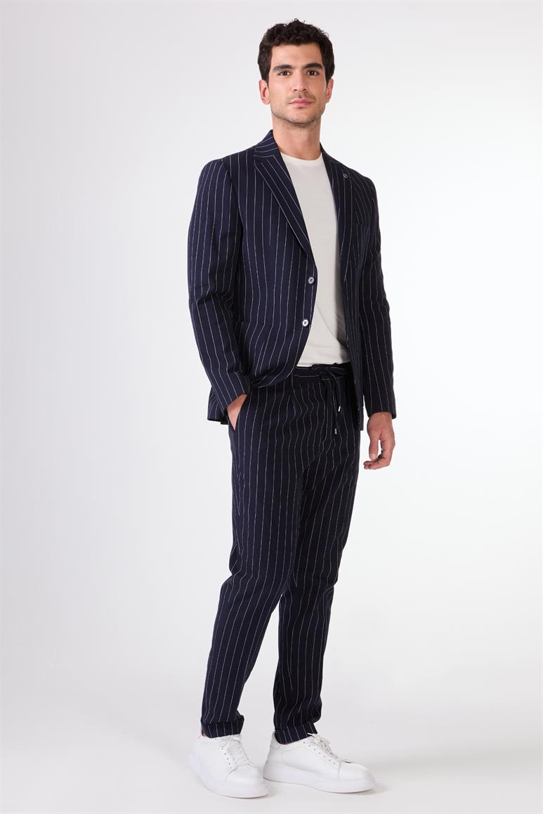Lacivert Erkek Slim Fit Çizgili Mono Yaka Ceket 