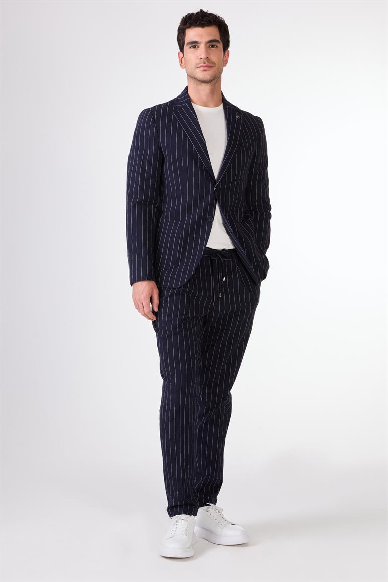 Lacivert Erkek Slim Fit Çizgili Mono Yaka Ceket 