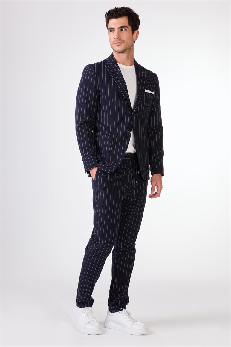 Lacivert Erkek Slim Fit Çizgili Mono Yaka Ceket 