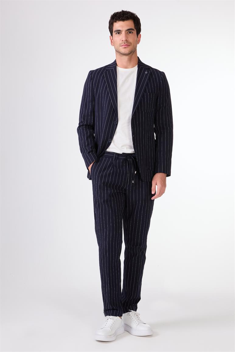 Lacivert Erkek Slim Fit Çizgili Mono Yaka Ceket 
