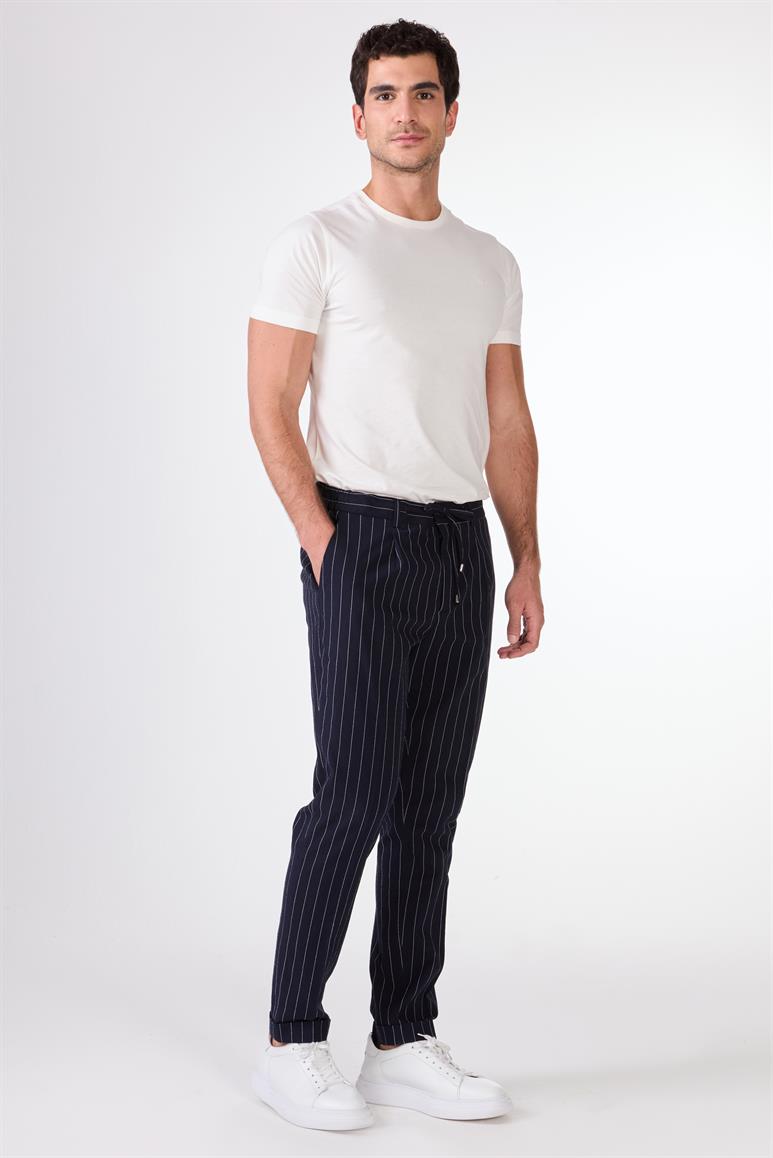Lacivert Erkek Slim Fit Çizgili Pantolon 