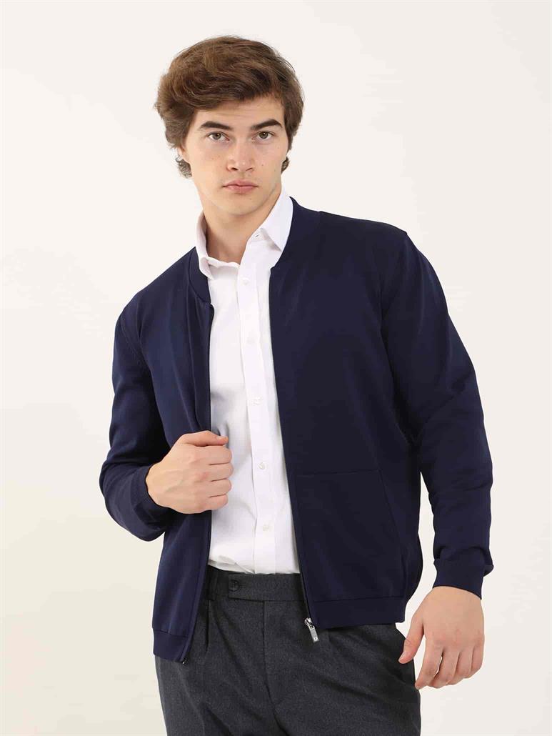 Lacivert Erkek Slim Fit Düz Bomber Yaka  Triko 