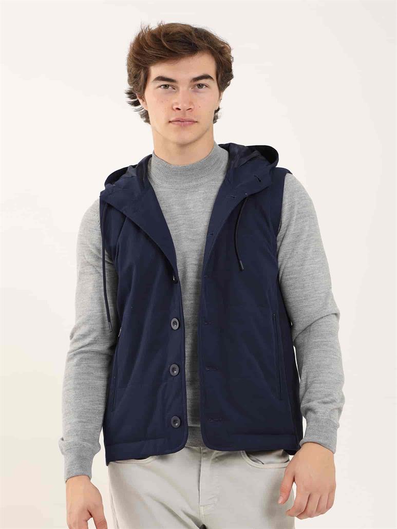 Lacivert Erkek Slim Fit Düz Casual Kapüşonlu Yelek Mont 