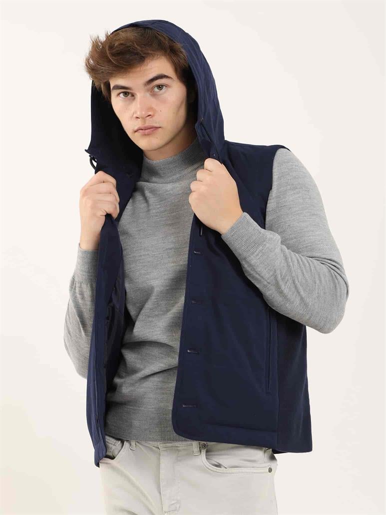 Lacivert Erkek Slim Fit Düz Casual Kapüşonlu Yelek Mont 