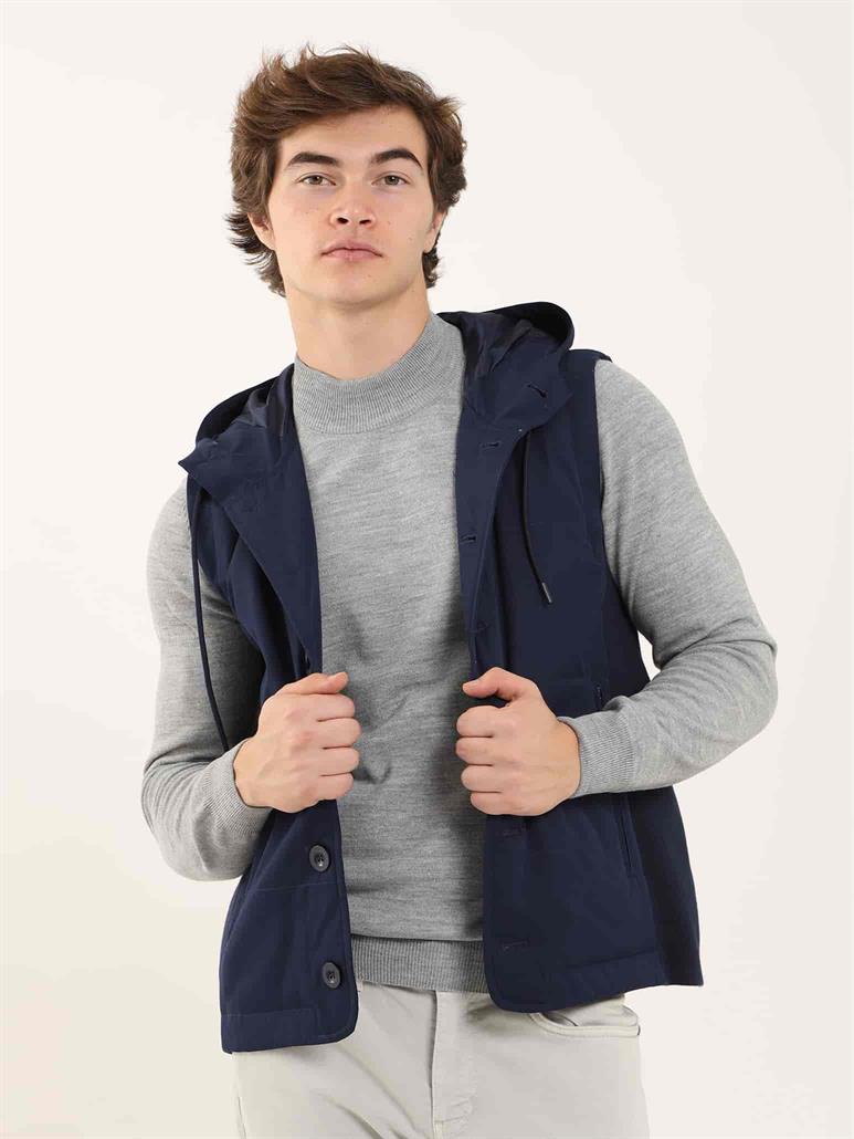 Lacivert Erkek Slim Fit Düz Casual Kapüşonlu Yelek Mont 