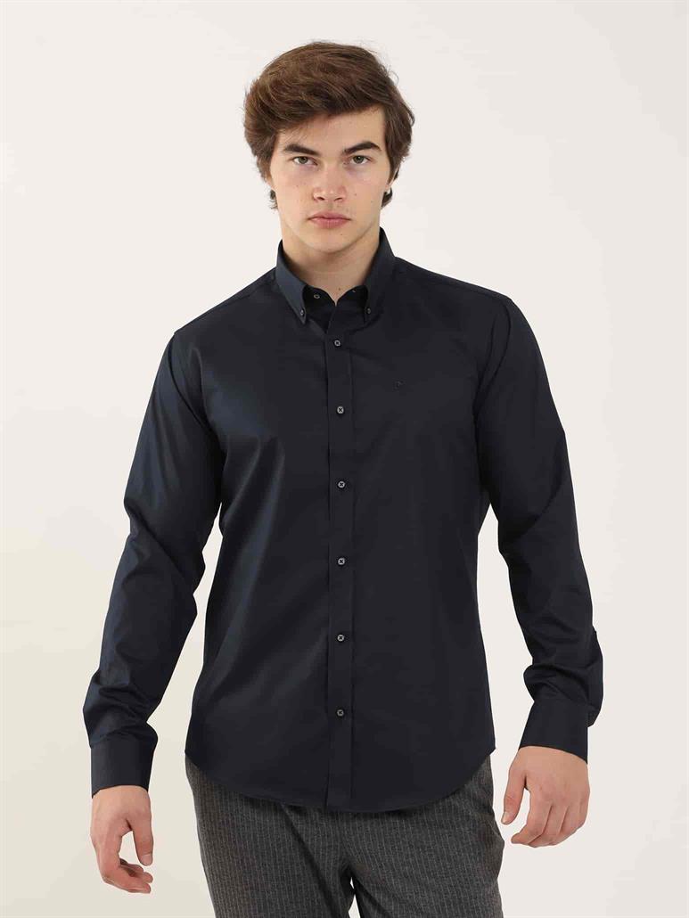 Lacivert Erkek Slim Fit Düz Düğmeli Yaka Uzun Kol Gömlek 
