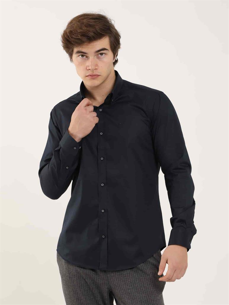 Lacivert Erkek Slim Fit Düz Düğmeli Yaka Uzun Kol Gömlek 