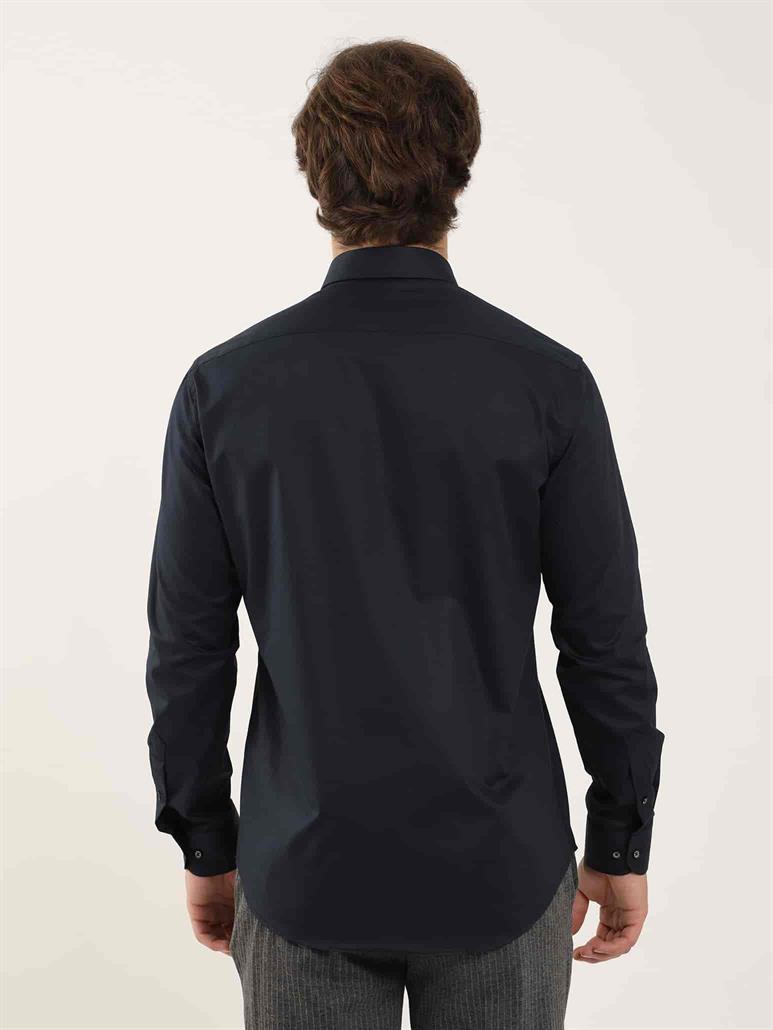 Lacivert Erkek Slim Fit Düz Düğmeli Yaka Uzun Kol Gömlek 