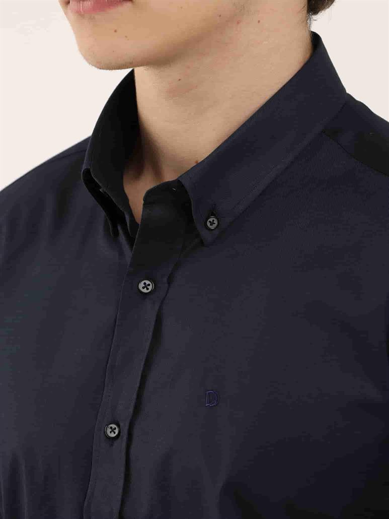 Lacivert Erkek Slim Fit Düz Düğmeli Yaka Uzun Kol Gömlek 