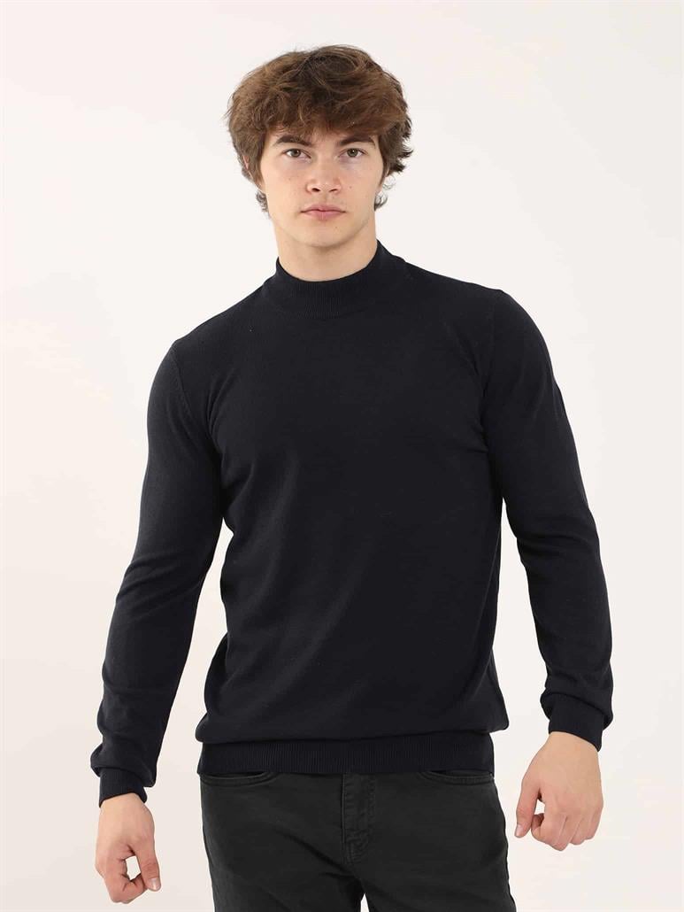 Lacivert Erkek Slim Fit Düz Klasik Yarım Balıkçı Yaka Triko 