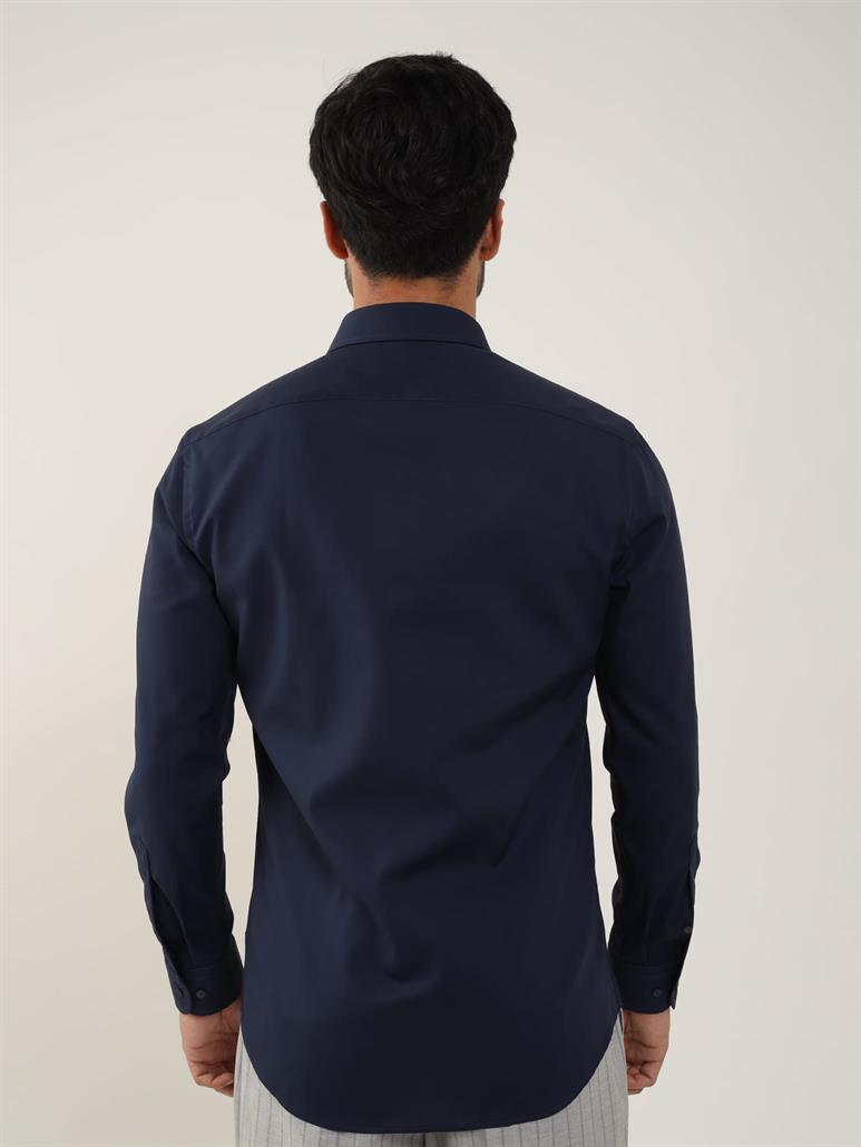 Lacivert Erkek Slim Fit Düz Klasik Yaka Uzun Kol Gömlek 