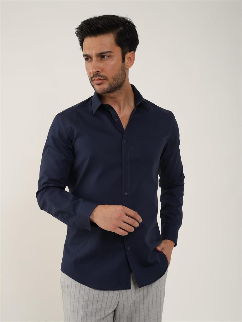 Lacivert Erkek Slim Fit Düz Klasik Yaka Uzun Kol Gömlek 