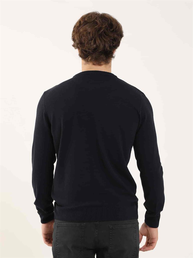 Lacivert Erkek Slim Fit Düz Klasik O Yaka Triko 