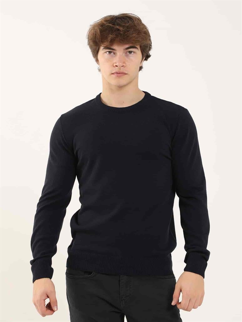 Lacivert Erkek Slim Fit Düz Klasik O Yaka Triko 