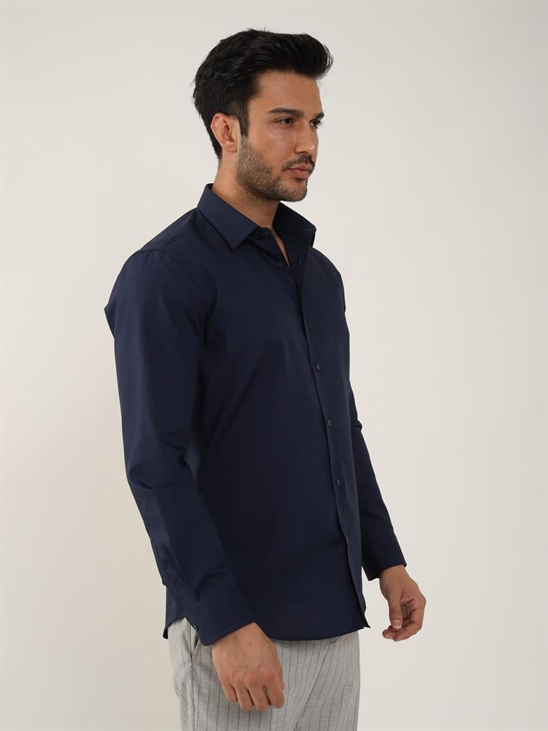 Lacivert Erkek Slim Fit Düz Klasik Yaka Uzun Kol Gömlek 