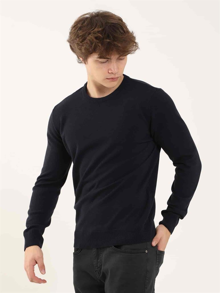 Lacivert Erkek Slim Fit Düz Klasik O Yaka Triko 