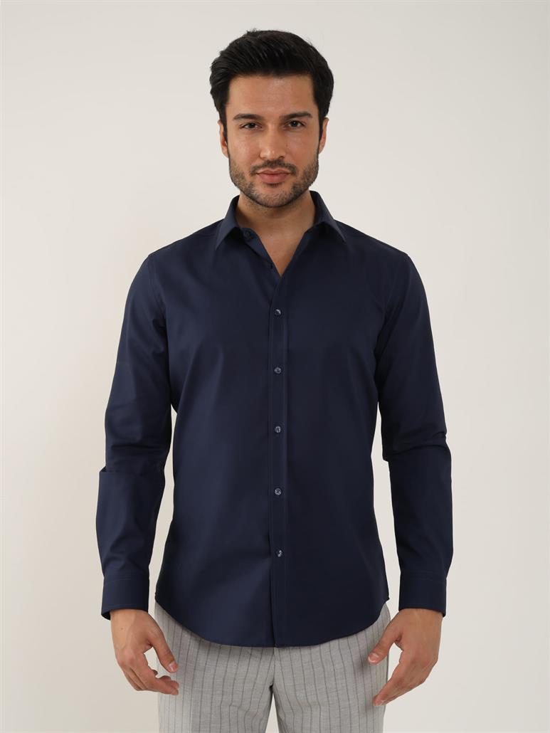 Lacivert Erkek Slim Fit Düz Klasik Yaka Uzun Kol Gömlek 