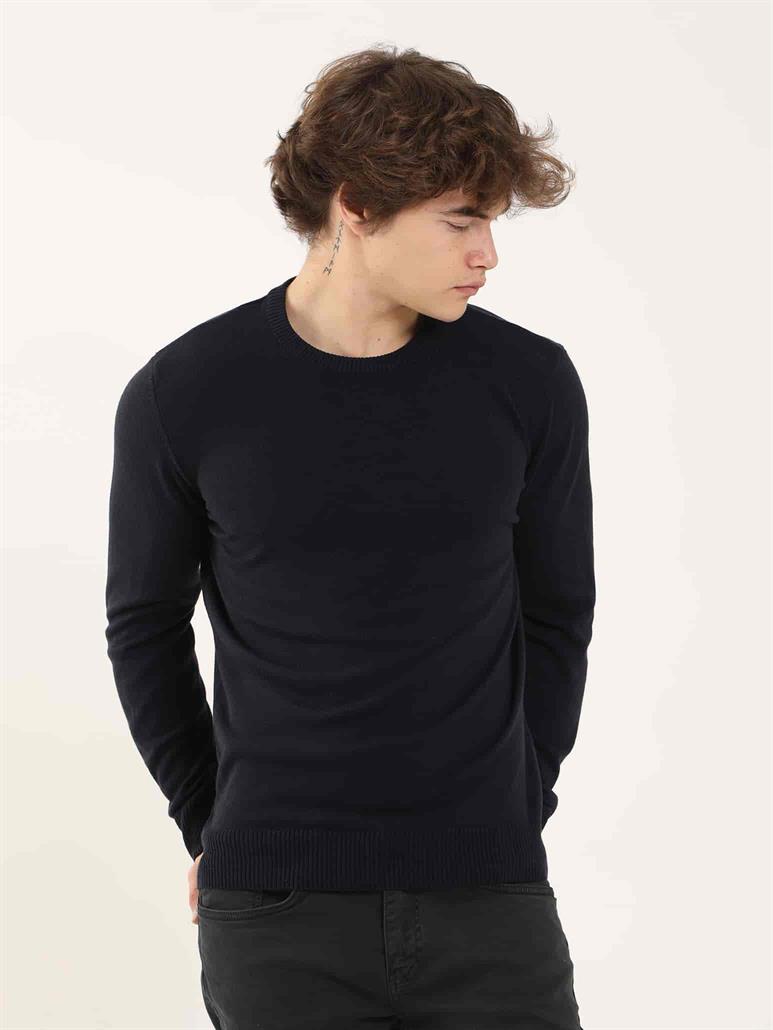 Lacivert Erkek Slim Fit Düz Klasik O Yaka Triko 