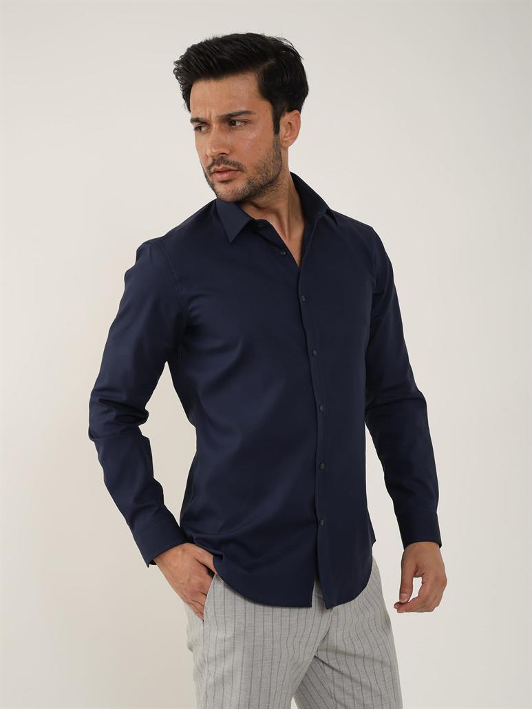Lacivert Erkek Slim Fit Düz Klasik Yaka Uzun Kol Gömlek 