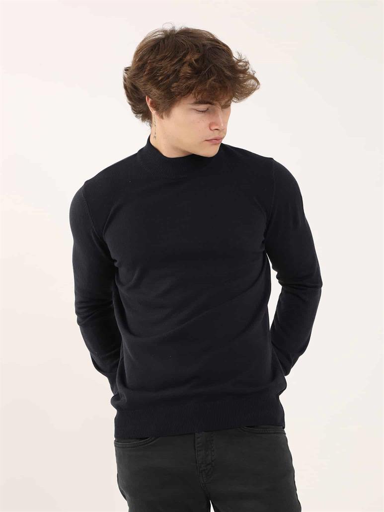 Lacivert Erkek Slim Fit Düz Klasik Yarım Balıkçı Yaka Triko 