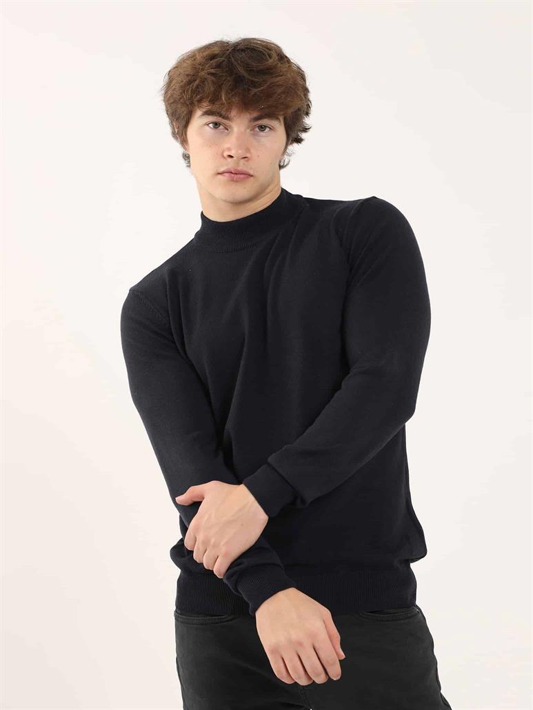 Lacivert Erkek Slim Fit Düz Klasik Yarım Balıkçı Yaka Triko 