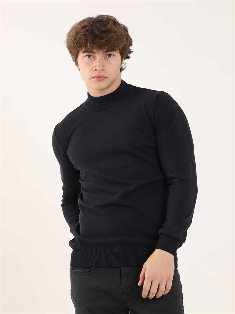 Lacivert Erkek Slim Fit Düz Klasik Yarım Balıkçı Yaka Triko 