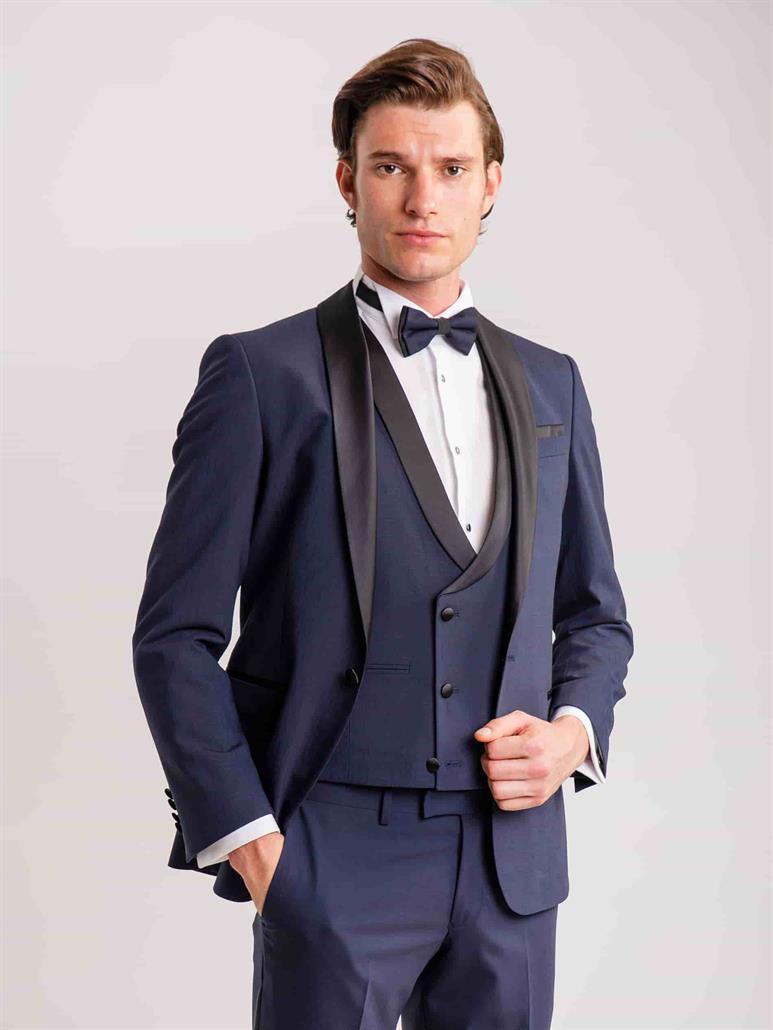 Lacivert Erkek Slim Fit Düz Şal Yaka Smokin Takım 