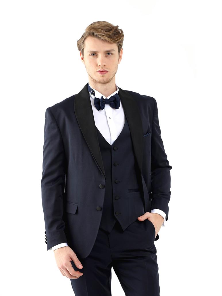 Lacivert Erkek Slim Fit Düz Sivri Yaka Smokin Takım 