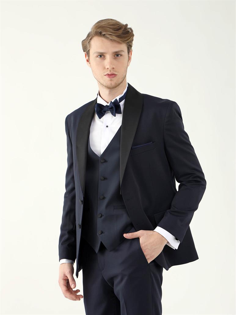 Lacivert Erkek Slim Fit Düz Sivri Yaka Smokin Takım 