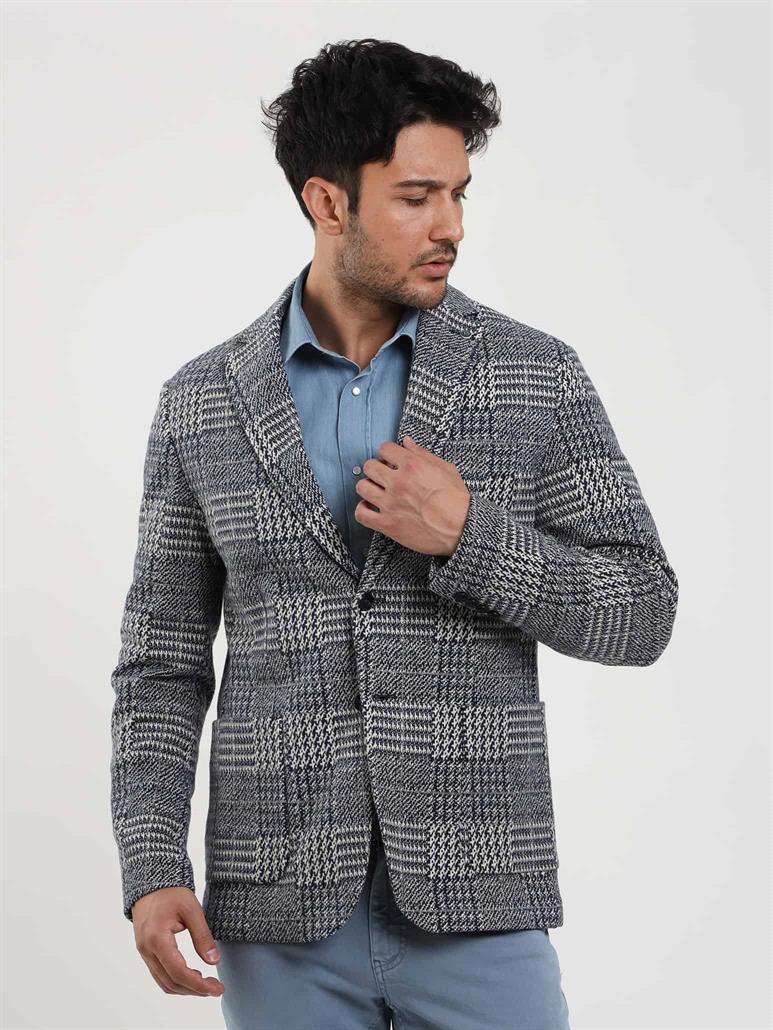 Lacivert Erkek Slim Fit Jakarlı Casual Mono Yaka Ceket 