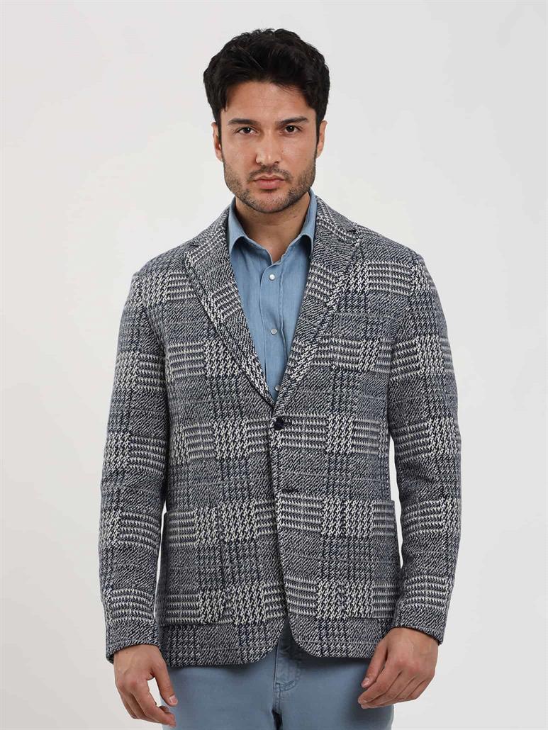 Lacivert Erkek Slim Fit Jakarlı Casual Mono Yaka Ceket 