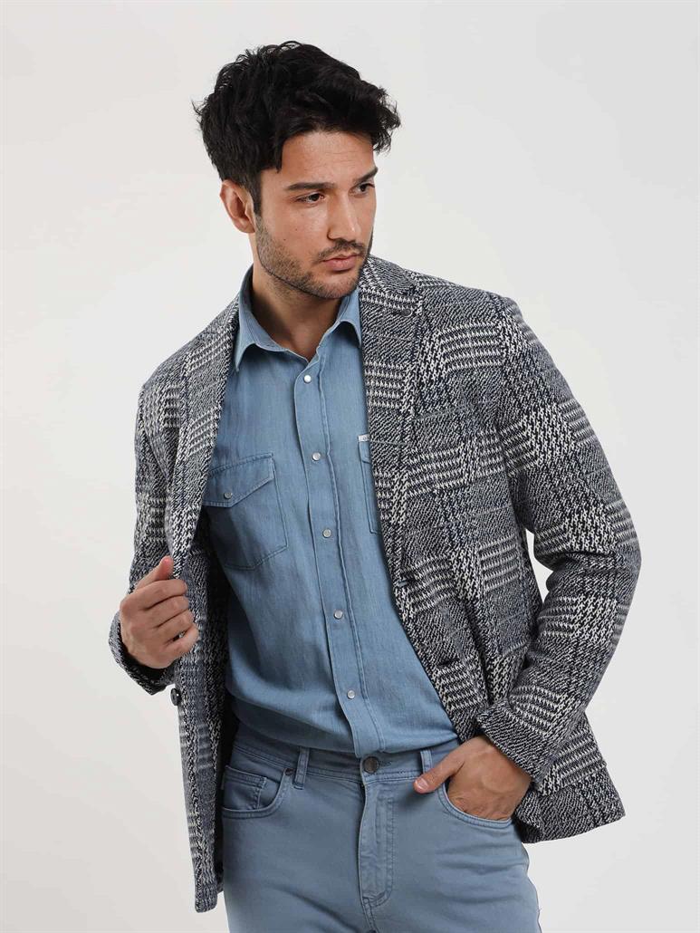 Lacivert Erkek Slim Fit Jakarlı Casual Mono Yaka Ceket 